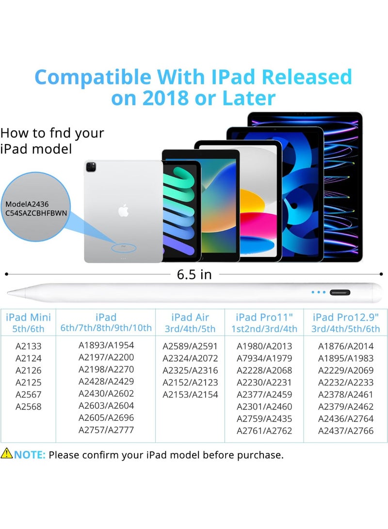 قلم لمس لأجهزة Apple iPad Pencil من الجيل السادس/السابع/الثامن/التاسع/العاشر، وiPad Air من الجيل الثالث/الرابع/الخامس، وiPad Mini من الجيل الخامس/السادس، وiPad Pro مقاس 11/12.9 بوصة، قلم مزود بخاصية رفض راحة اليد وحساسية الإمالة، شحن مغناطيسي وشحن USB-C - Image 5